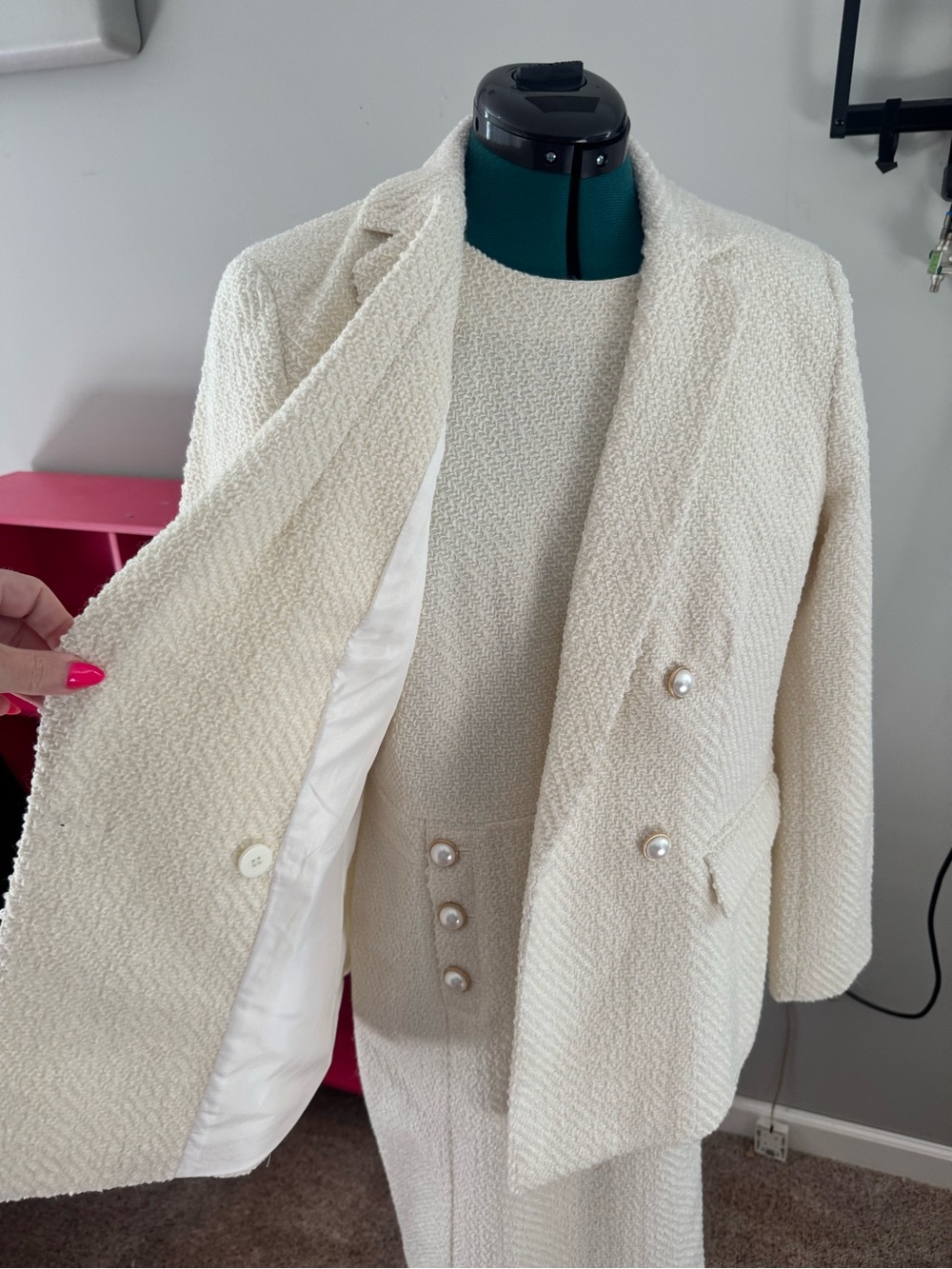Ann Taylor Ivory Textured Midi Dress with Pearl Buttons